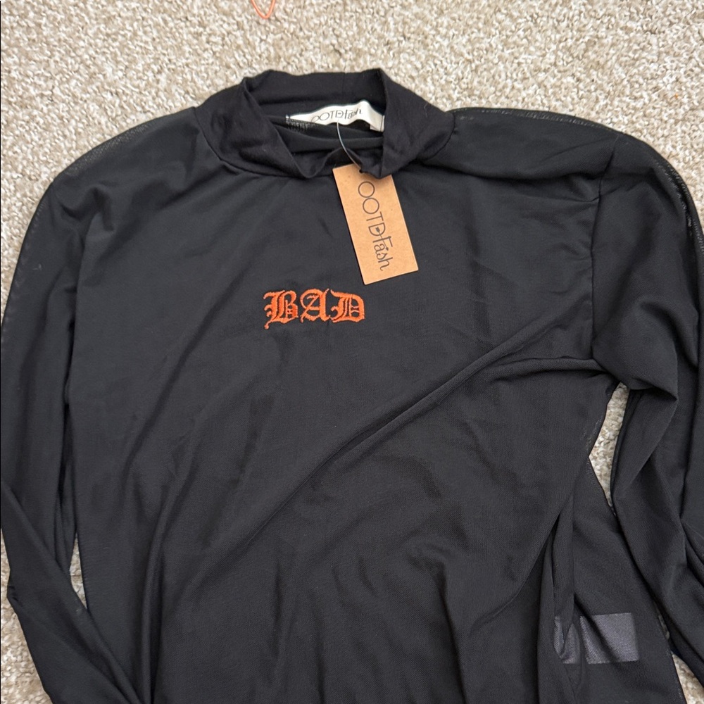 Black Long Sleeve body suit mesh  with Orange 'BAD' Logo